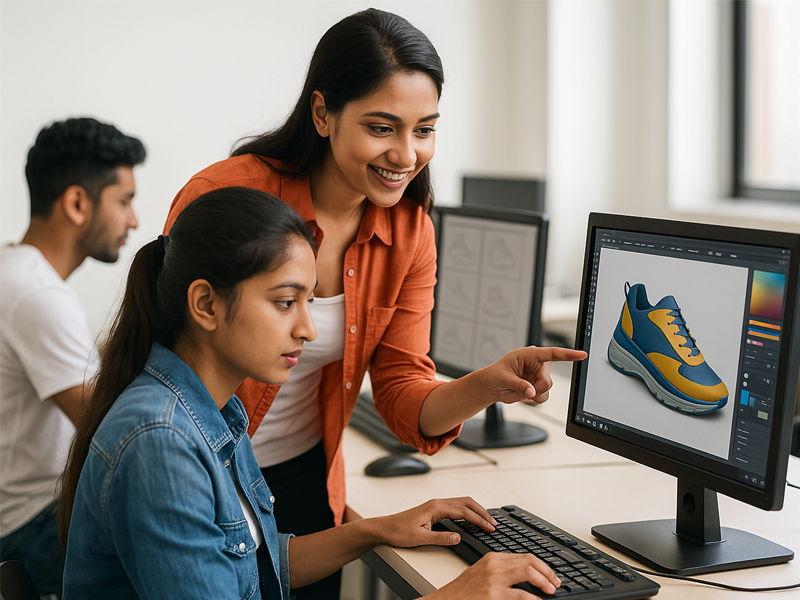 A classroom or lab setting with students at workstations using shoe design software, or an instructor guiding a student through 3D design on a computer
