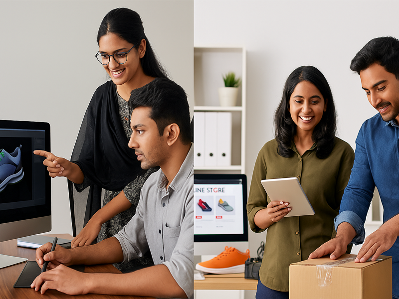 A small team of young professionals form India reviewing digital shoe designs