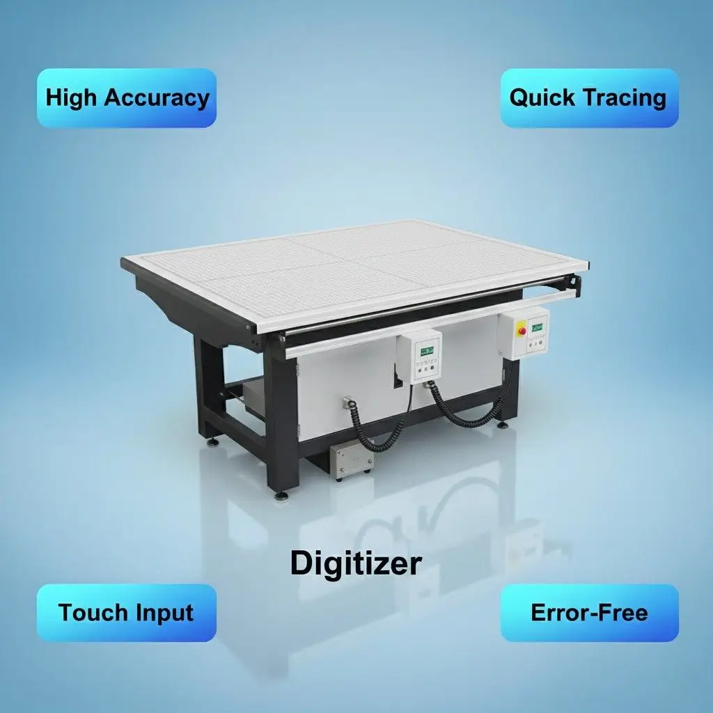 A digitizer table with a large white surface marked with a grid, and an attached control unit with wires and two remote controls, used for accurately tracing patterns or designs into a digital format.
