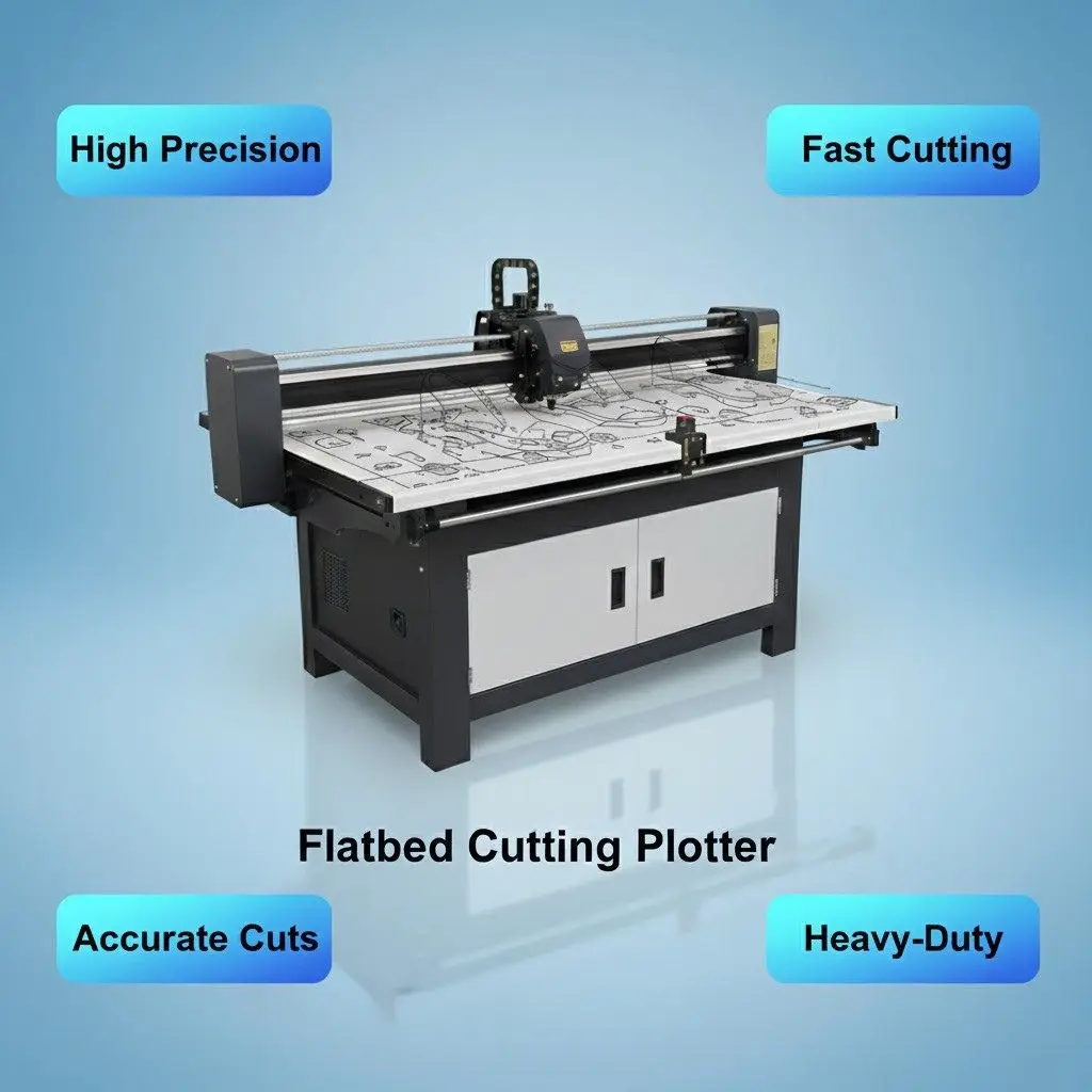 A flatbed cutting plotter, a large machine with a grey and black frame, a flat bed for material, and a cutting head moving along a rail, designed for high-precision, fast, and accurate cutting of materials in footwear production. Outlines of shoe patterns are visible on the bed.