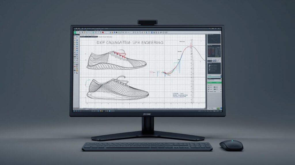 Modern CAD/CAM workstation showing 2D shoe pattern engineering software with upper and sole line drawings, grading curves, DXF layout and digital pen tablet — footwear pattern design workspace