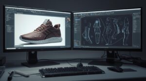 Dual-monitor workstation displaying 3D footwear design software, with a realistic sneaker model on the left screen and technical shoe blueprints on the right, set on a designer’s desk with keyboard and mouse.