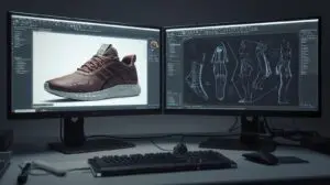 Dual-monitor workstation displaying 3D footwear design software, with a realistic sneaker model on the left screen and technical shoe blueprints on the right, set on a designer’s desk with keyboard and mouse.