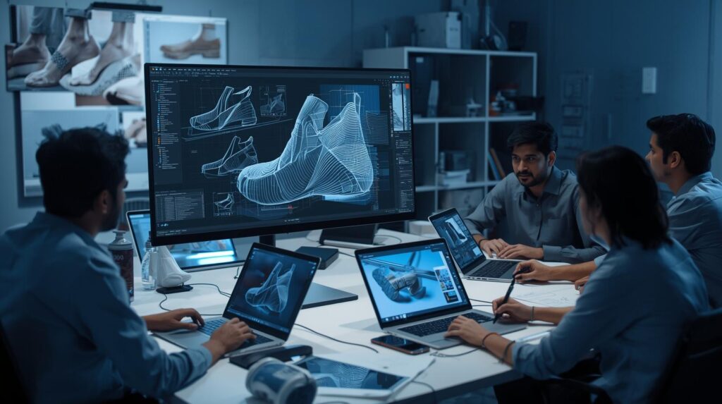Footwear design training session showing students and designers using CAD/CAM software for 2D pattern development and 3D shoe modeling in a modern, high-tech classroom.