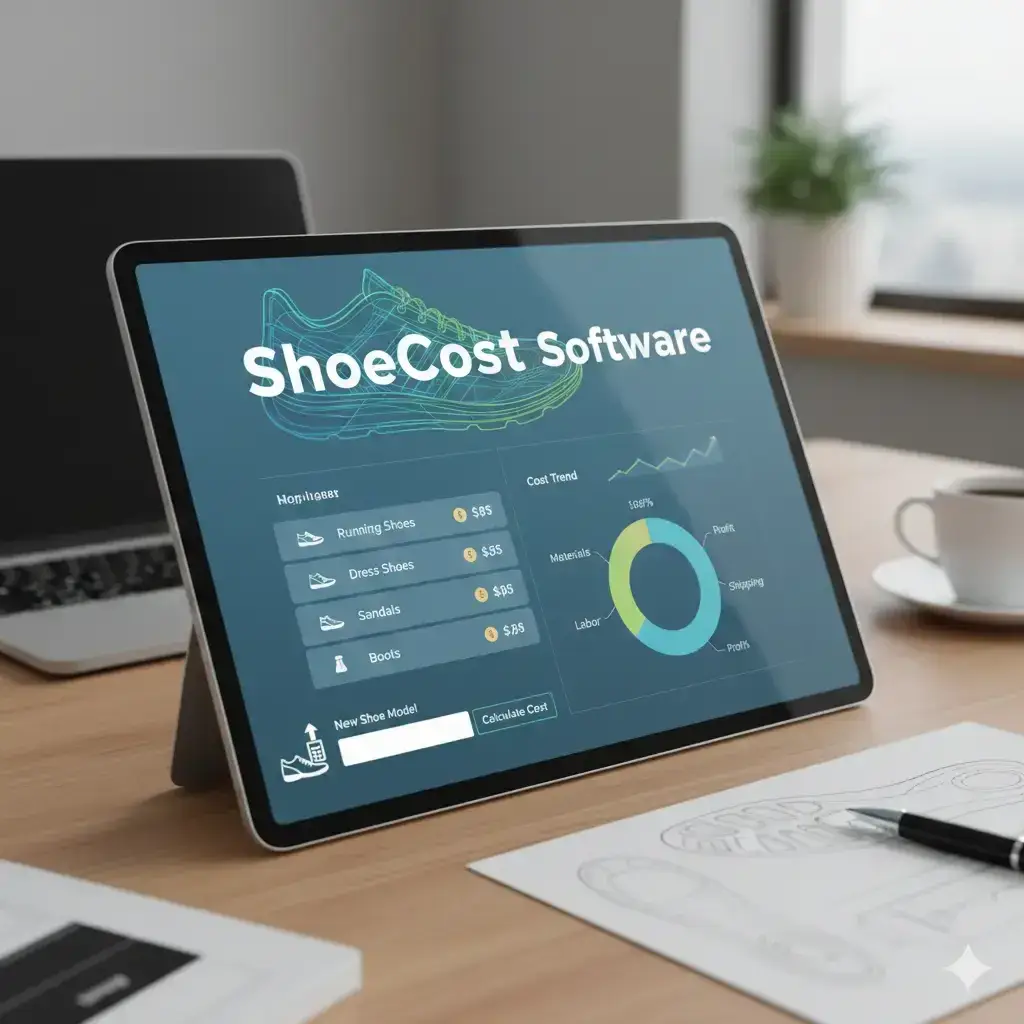 ShoeCost Software interface displayed on a tablet showing footwear cost trend and analysis