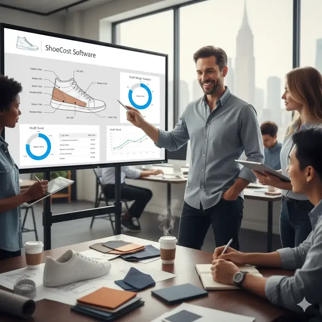 Team discussing ShoeCost Software cost charts and reports during a meeting in India office