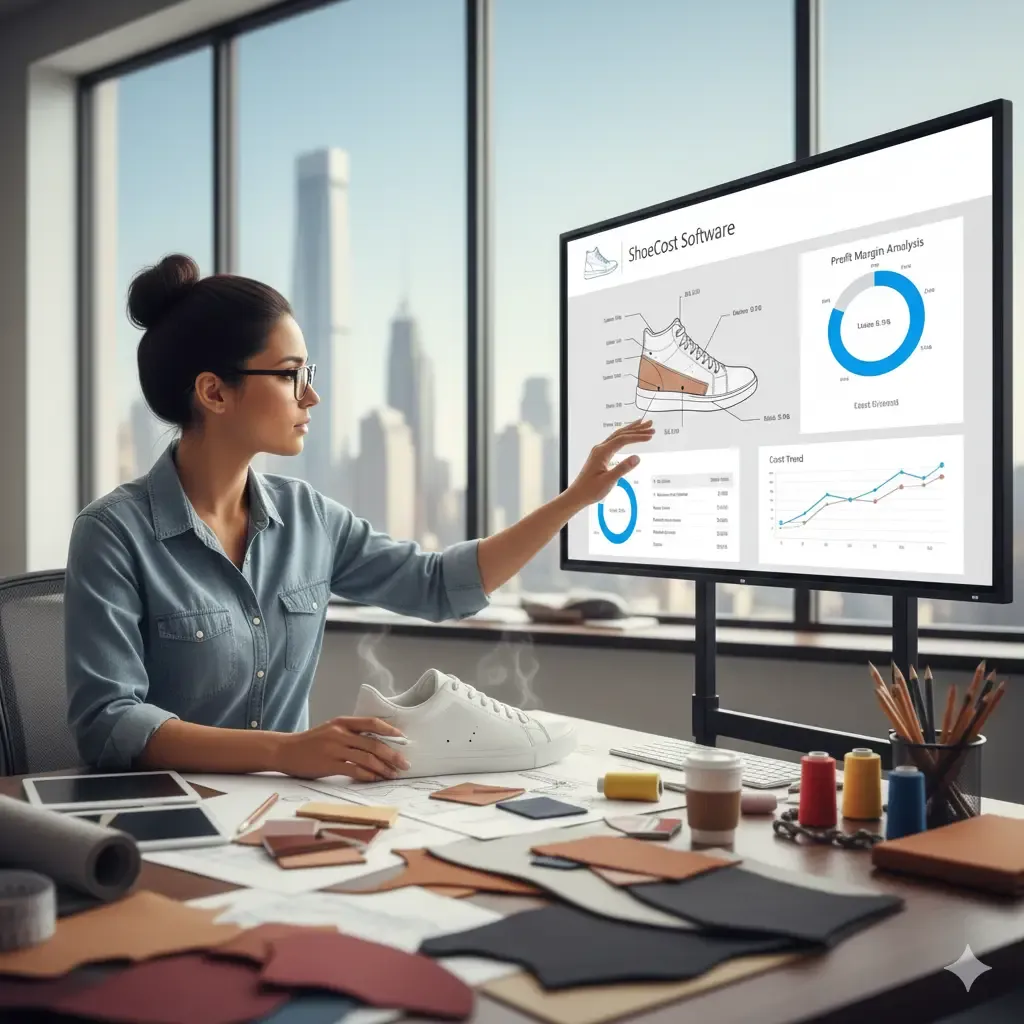 Woman designing shoe materials using CrispinCADCAM ShoeCost Software on large screen