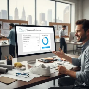 Man using ShoeCost Software on desktop to analyze footwear cost and profit margins