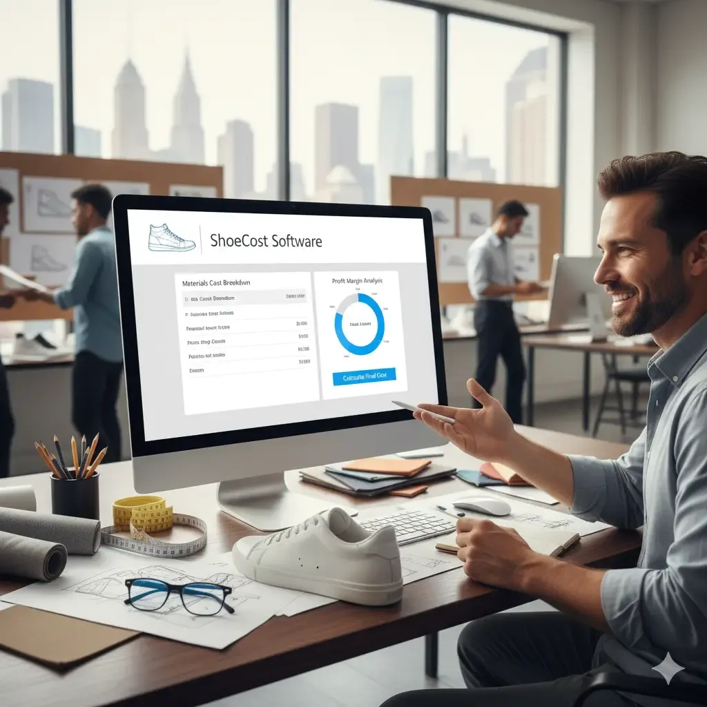 Man using ShoeCost Software on desktop to analyze footwear cost and profit margins